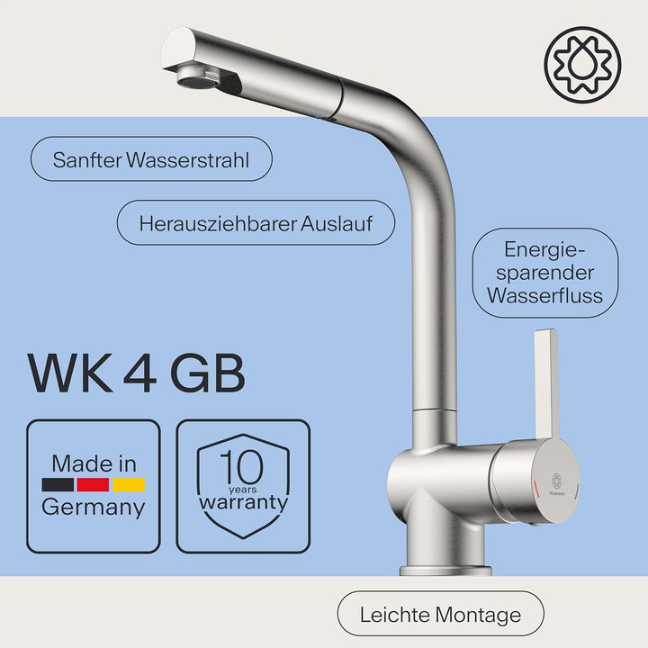 Küchenarmatur WK4 | Wasserhahn Küche | Spültischarmatur mit Ausziehauslauf | Ausziehbare Geschirrbra