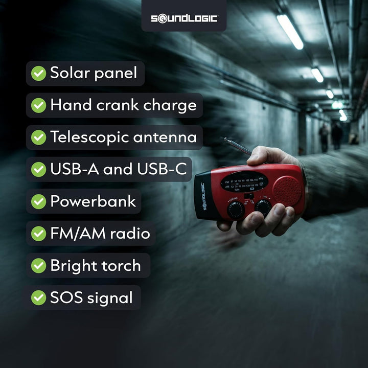 Soundlogic Notfallradio Solar | Kurbelradiof mit Powerbank & LED Taschenlampe | AM/FM Radio | USB-C