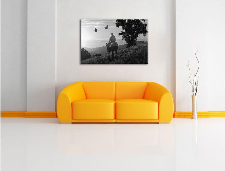 Pixxprint EIN Cowboy im Sonnenuntergang Kunst B&W, Format: 100x70 auf Leinwand, 100x70