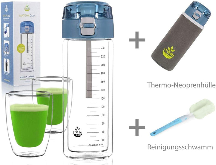 Matcha-Shaker MATCHA2go: Teeflasche to go aus Glas für die schnelle Matcha Tee Zubereitung ohne Bese