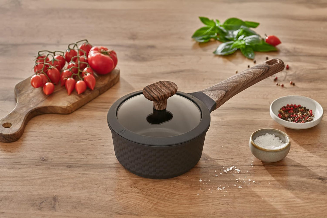 RESTO 93900 Stielkasserolle mit Glasdeckel Ø16cm schwarz 1,3L - stilvoller Topf antihaftbeschichtet,