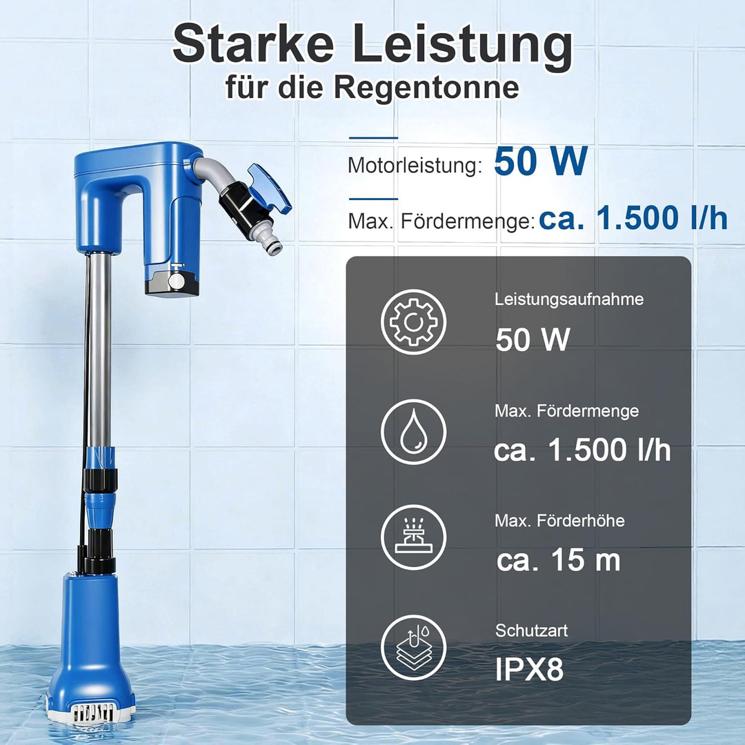 FOTING Akku Regenfasspumpe 12 V 1500 l/h mit 3 Modi, Förderhöhe 15 m, max. Korngrösse 0,5 mm, Mindes