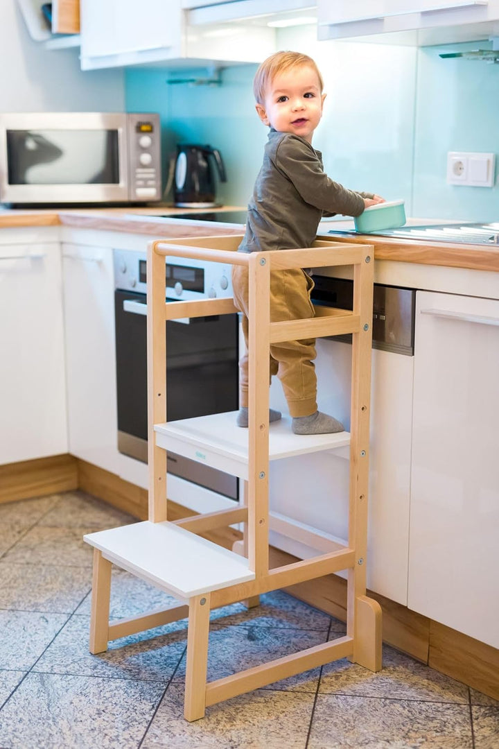 Fillikid Kinder Lernturm | Entdeckertum mitwachsend aus Buchenholz | Lerntower Montessori Lernstuhl
