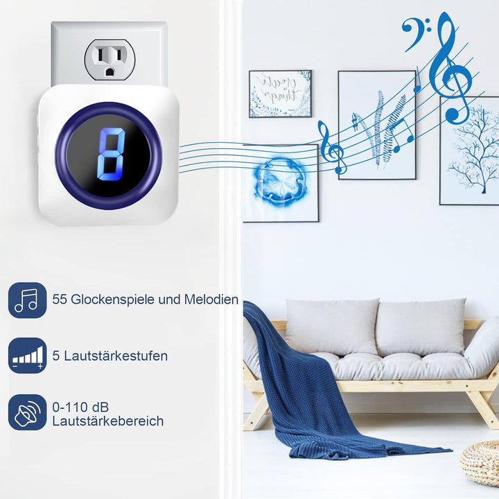 Funkklingel kabellose, IP55 Wasserdicht Türklingel Set, LED-Nummernanzeige, 5 Lautstärke Stufen, 55