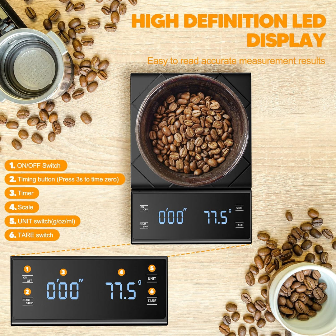 Kaffeewaage Digitale mit 3 AAA Batterie, Bis 3kg/0,1g, Batteriebetrieben Espresso Waage mit Timer, M