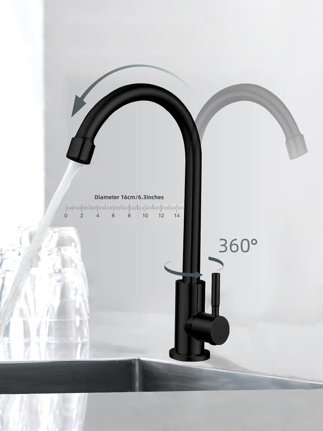 Nur Kaltwasser-Wasserhahn, SUS304 Edelstahl, Wasserhahn für Küchenspüle, schwarzer Wasserhahn, hoher