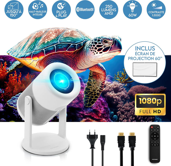 METRONIC 475351 Tragbarer Beamer, WiFi, Bluetooth, integrierter Lautsprecher für Videospiele, Filme,