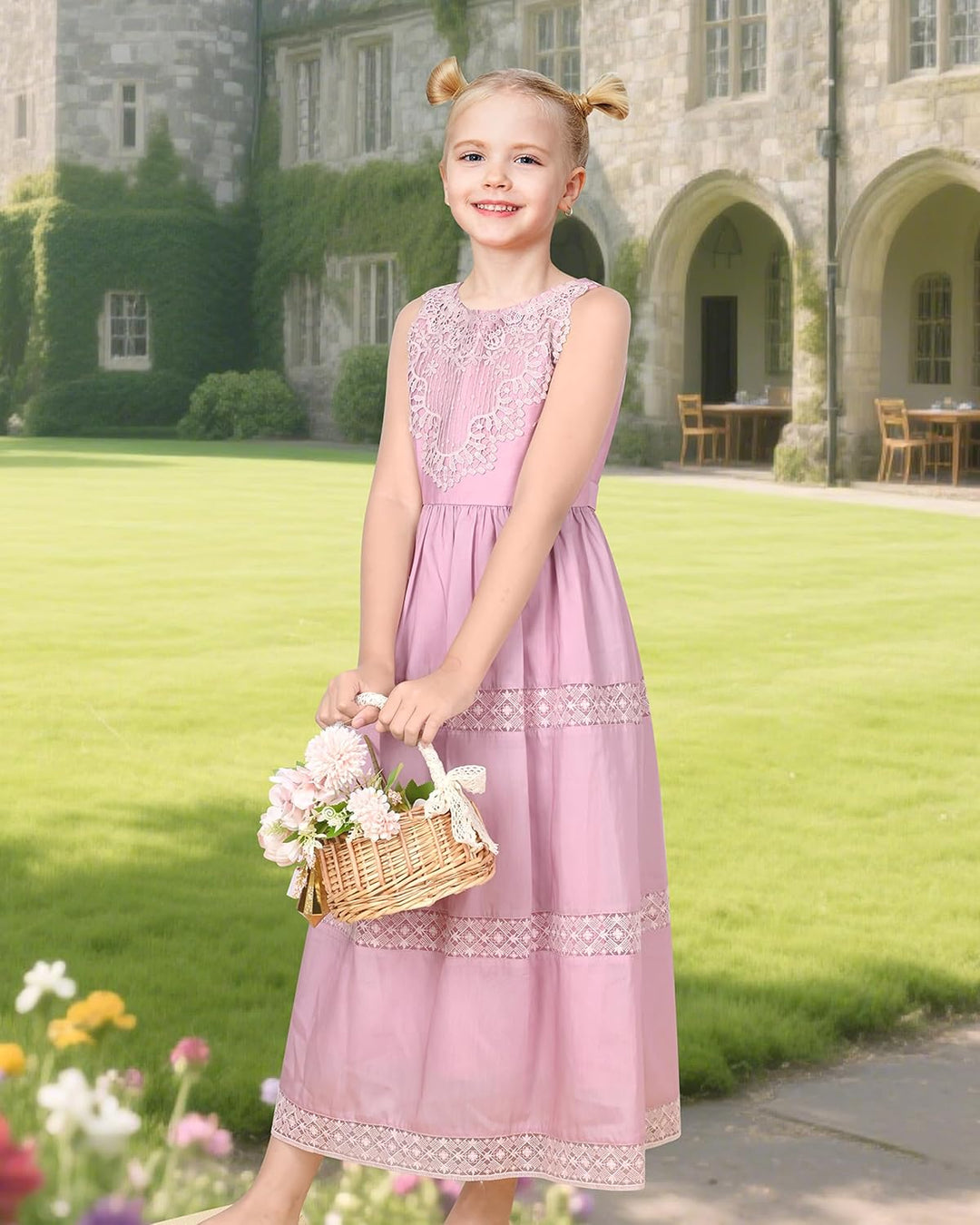 Sunny Fashion Mädchen Kleid Blume Schnüren Saum Hochzeit Erstkommunion Gr. 110-158 122 Lila Spitze,