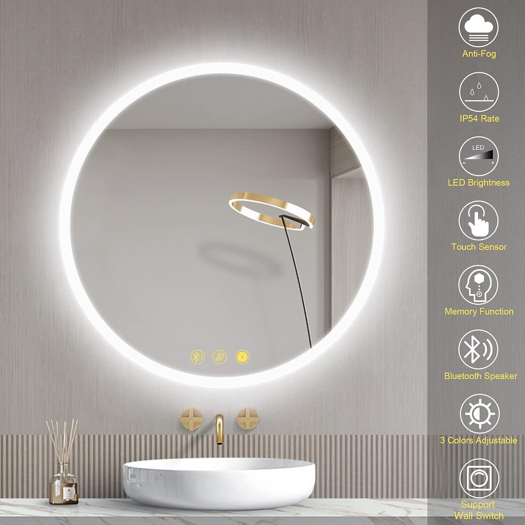 AI-LIGHTING Badspiegel mit Beleuchtung Bluetooth Rund 60 cm Badezimmer Spiegel mit Led Licht, 3 Lich