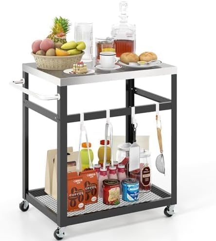 Generisch Grilltisch Outdoor, Grillwagen mit 2 Ablagen & 4 Rädern & Griff & 4 Haken, Pizzatisch Beis