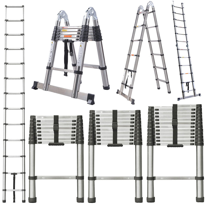 Teleskopleiter 5m Klappleiter Edelstahl Leiter, 2 in 1 Angegeleiter mit Stabilisator, Rutschfester S