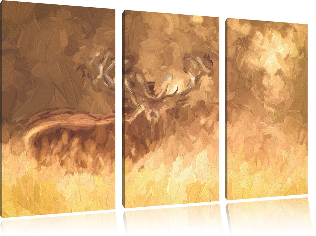 Pixxprint Rotwild im Morgenlicht / 3-Teilig/Gesamtmass 120cm Leinwandbild bespannt auf Holzrahmen/Wa