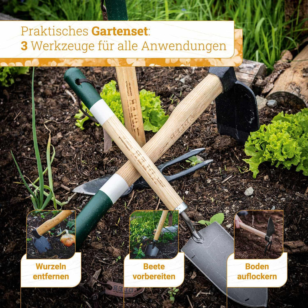 ADLER Garten-Set 3-TLG. – Geschmiedete Hacke, Kleinhacke Ivy &amp; Pflanzkelle Holly – 45 cm Eschenholz-
