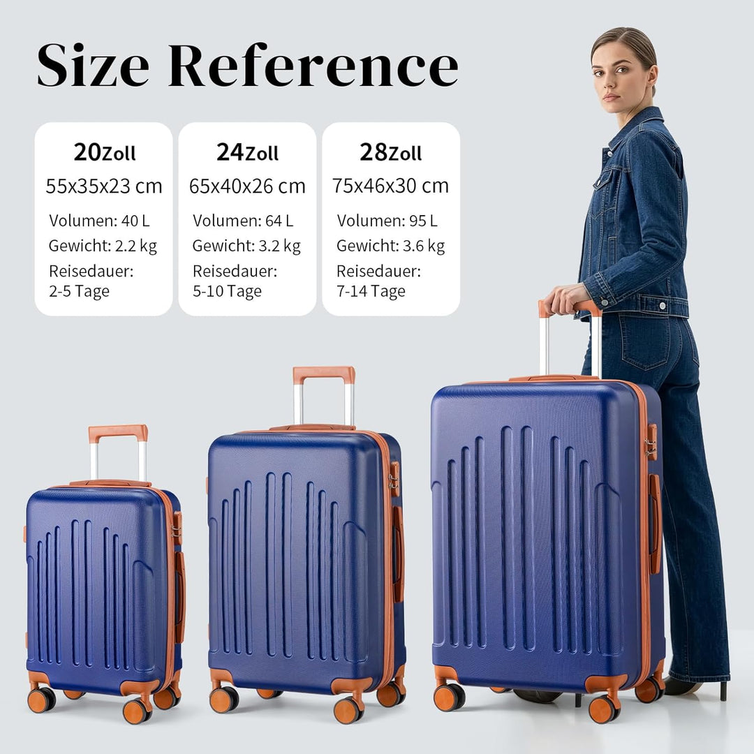 LALAHO Zwillingsrollen Reisekoffer Koffer Trolleys Hartschale M-L-XL-Set (Navy-Braun, L, 65CM) Navy-