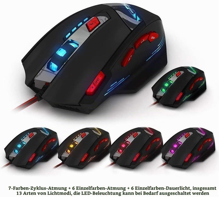 zelotes Gaming Maus,9200 DPI, 8 Programmierbare Tasten,8 Gewichtsblöcke,Multi-Modi LED,Ergonomische