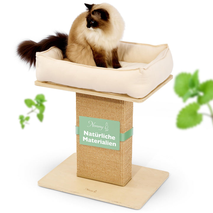 Nemmy Premium Kratzbaum klein beige | Stabiler Kratzstamm extra breit | Katzenbett mit Kissen | Katz
