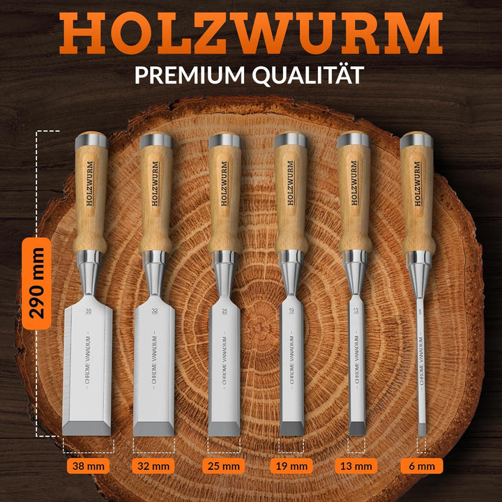 HOLZWURM Profi Stechbeitel-Satz für Holz, Stemmeisen-Set mit Schleifstein, 6 Meissel, Anleitung zum