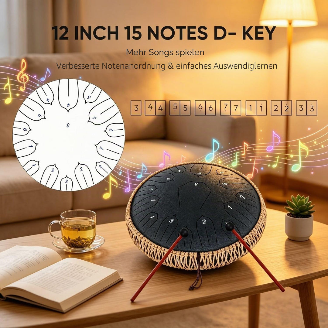 Musfunny Steel Tongue Drum, 12 Zoll 15 Tone Zungentrommel Handpan Trommel, D-Dur Steel Pan Töne Schl