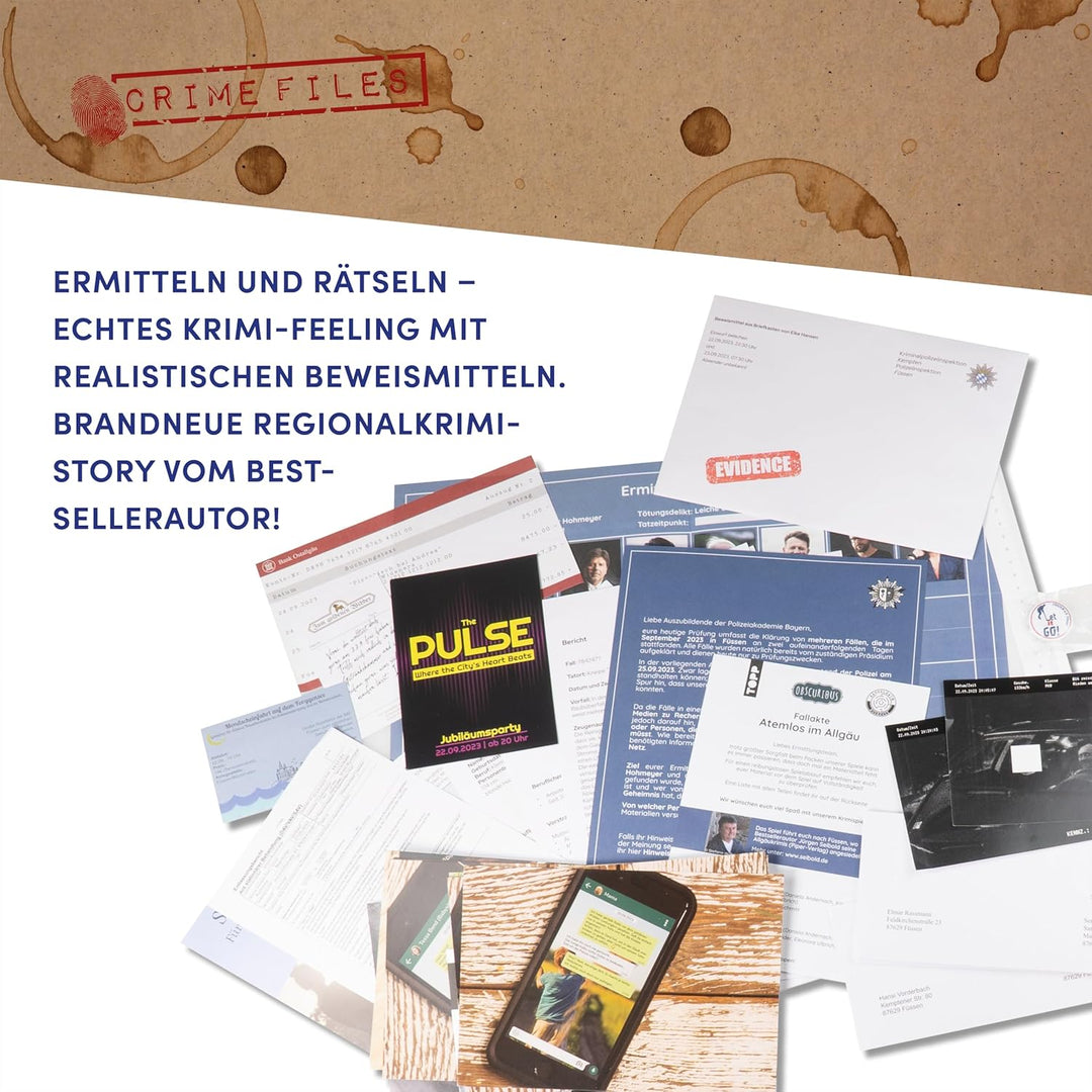 Crime Files – Fallakte: Atemlos im Allgäu. Ermitteln und Rätseln – mit realistischen Beweismitteln.