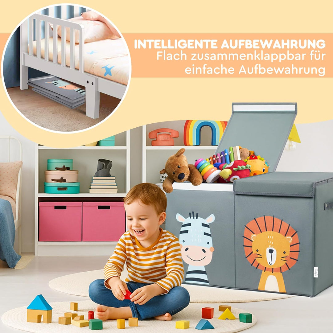 Faltbare Spielzeugkiste Grau mit Deckel und 78 Liter Inhalt. Verbesserte Version. Aufbewahrungsbox K