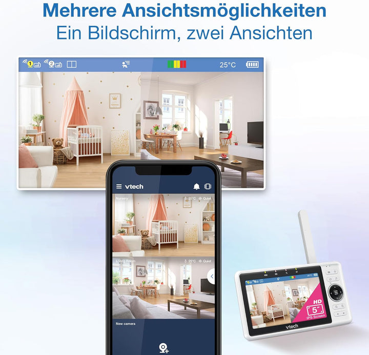 VTech Smart Babyphone mit 2 Kameras, 1080p-FHD-Kamera und 5"-HD-IPS-Bildschirm, WLAN, Geräusch-/Bewe