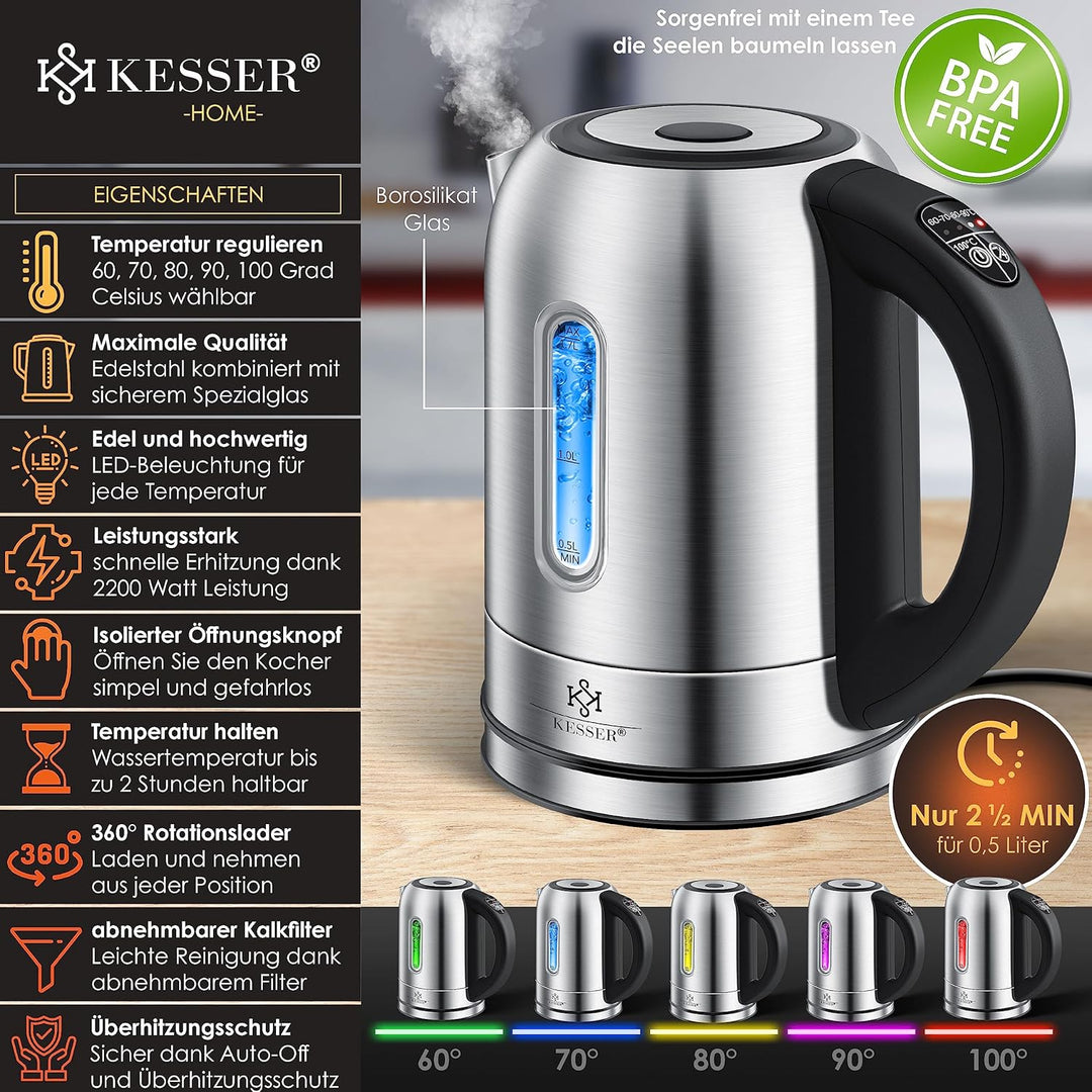 KESSER Wasserkocher 2200W Edelstahl 1,7L mit LED Beleuchtung-Farbe je nach Temperaturwahl 60, 70, 80