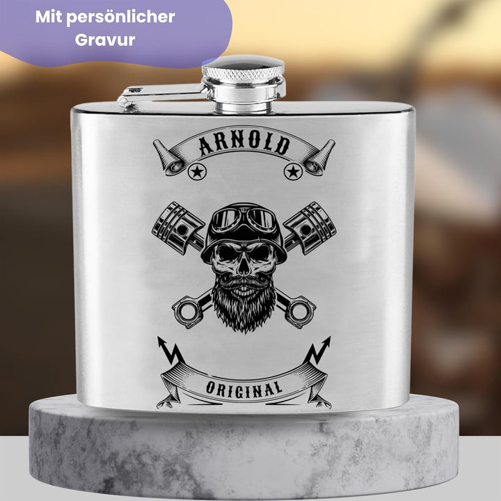 Edelstahl Flachmann mit Gravur Motorrad personalisiert mit Name 170 ml 4 Motive zur Auswahl für Moto