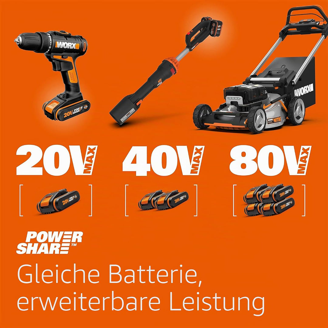 WORX 18V (20V MAX) Akku-Schlagbohrschrauber-Kit WX370, PowerShare, max. 50 N.m, (inkl. 2x2,0Ah Akkus