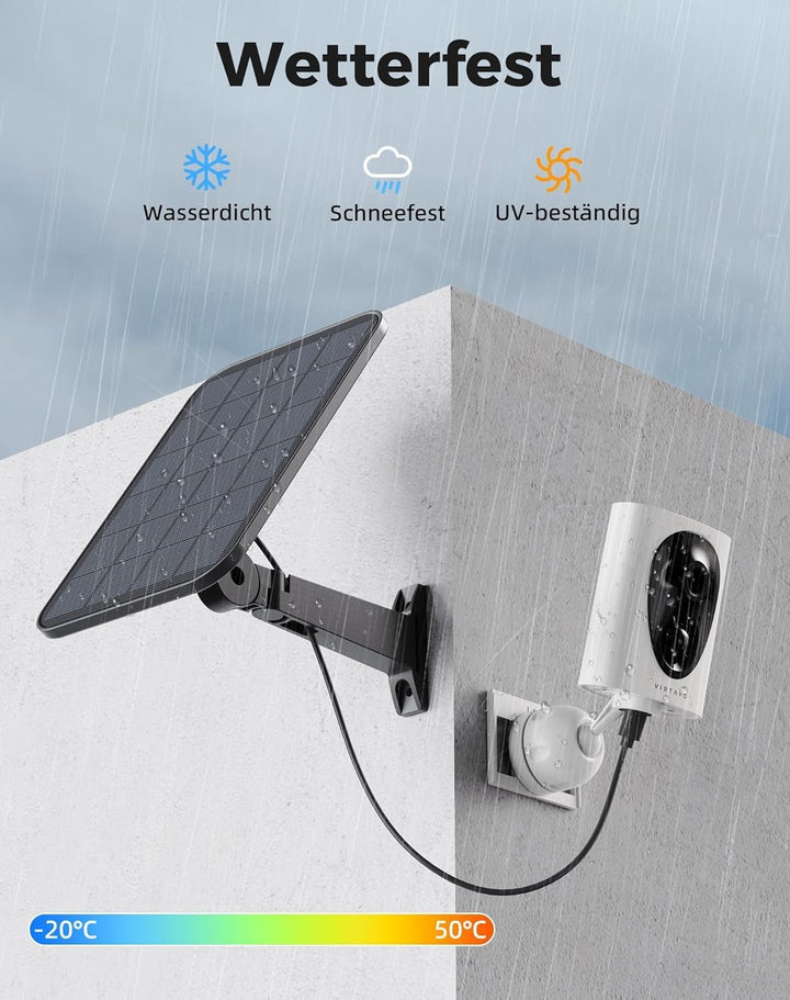VIRTAVO 2K 3MP Überwachungskamera Aussen Solar, Kamera Aussen Akku, Starlight Farb‑Nachtsicht, 2.4GH