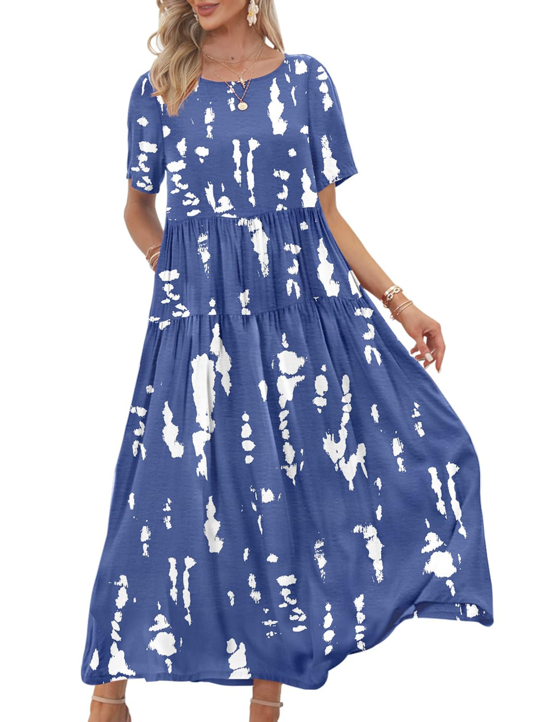 YESNO Damen Kleider Freizeit Lose Sommerkleid Lang Boho Maxikleid für Rundhals Strandkleid Blumenkle