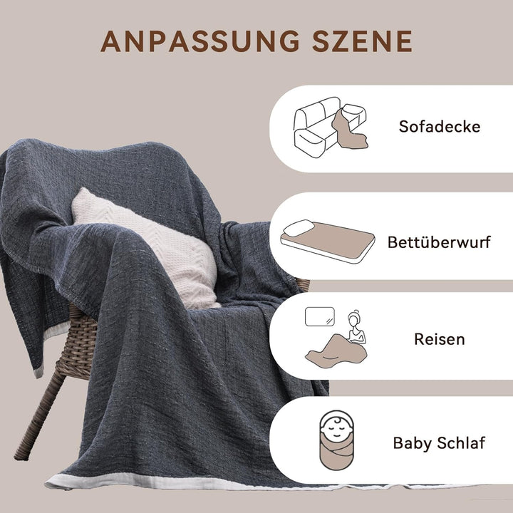 SE SOFTEXLY Musselin Decke 150 x 200 aus 100% Baumwolle, Weiche und Atmungsaktive Kuscheldecke, Leic