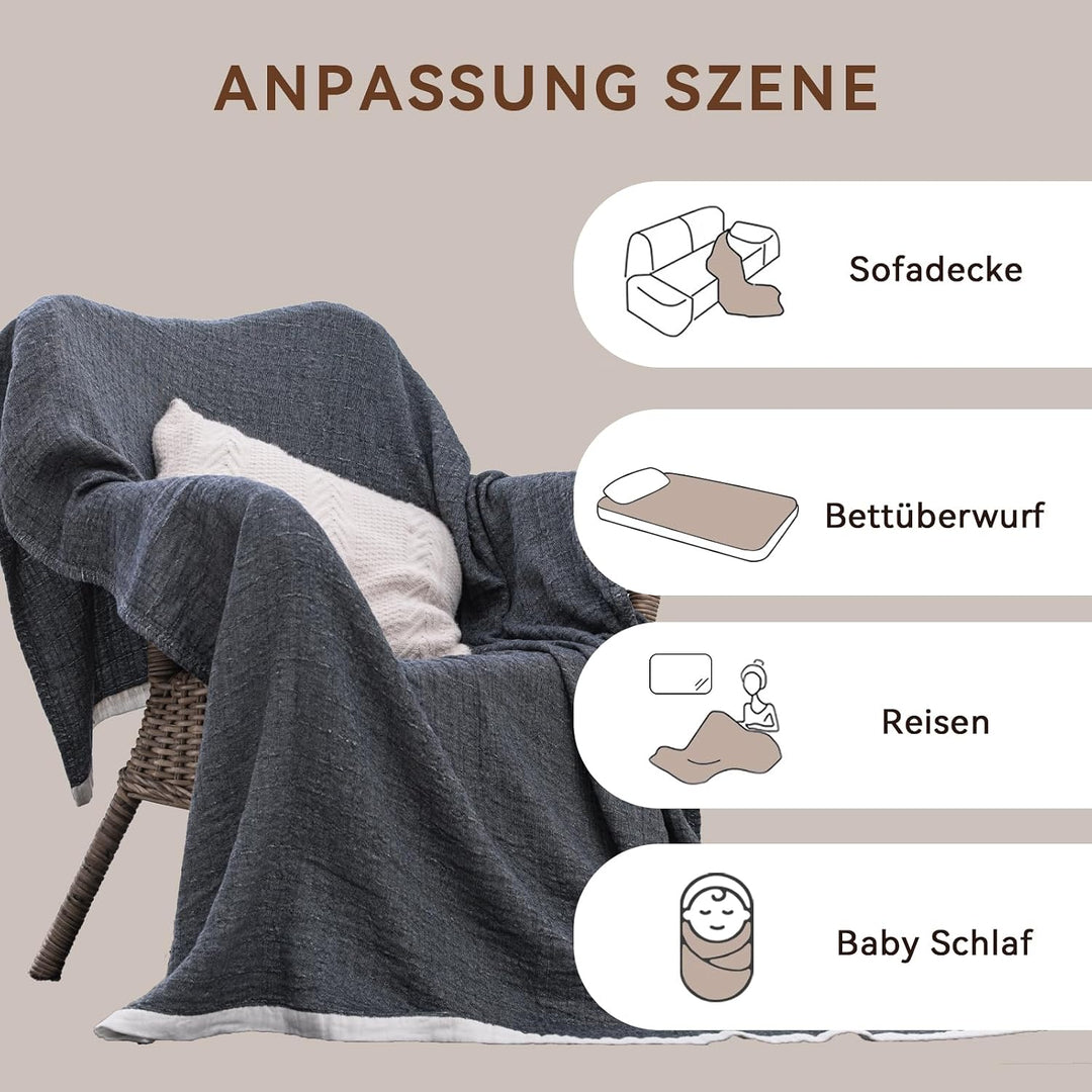 SE SOFTEXLY Musselin Decke 150 x 200 aus 100% Baumwolle, Weiche und Atmungsaktive Kuscheldecke, Leic