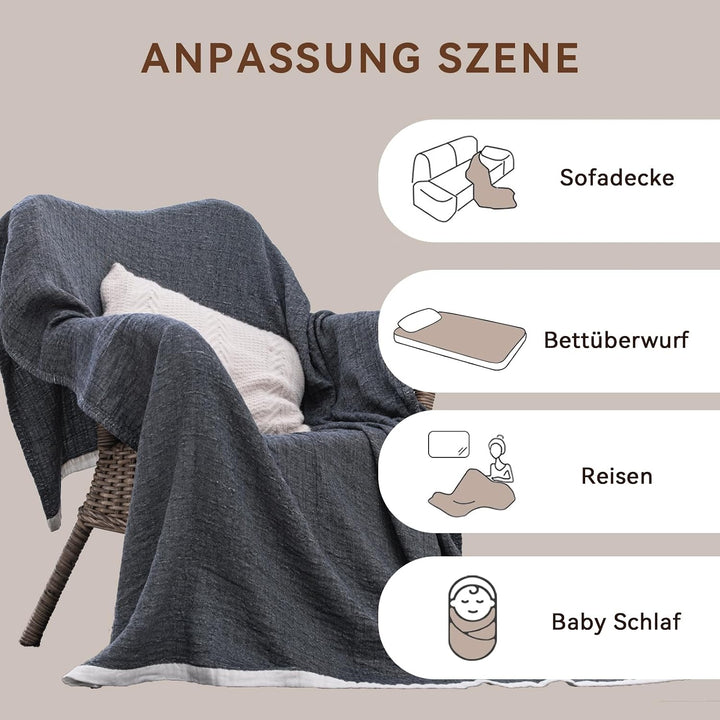 SE SOFTEXLY Musselin Decke 150 x 200 aus 100% Baumwolle, Weiche und Atmungsaktive Kuscheldecke, Leic