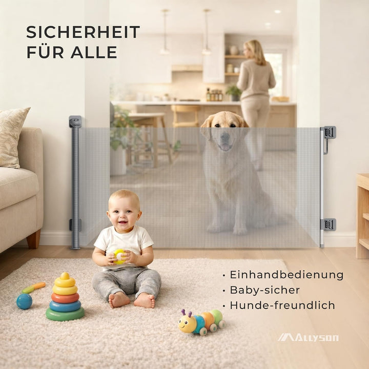 Allyson® Treppen- & Türschutzgitter ohne Bohren, ausziehbar 140 cm, Grau | 2-in-1-Montage: Klebepads