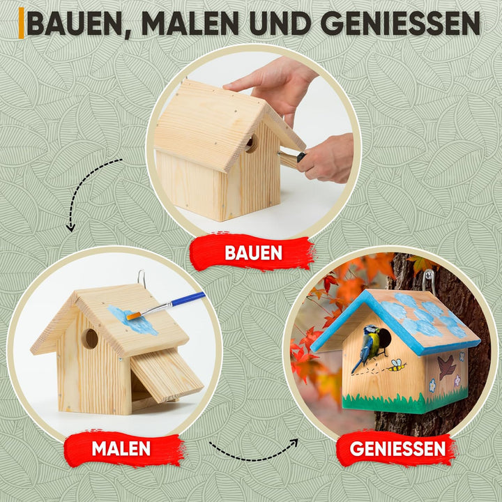 Mice&Co DIY Vogelhaus - Holzvogelhaus zum Bemalen, Nistkasten Bausatz, Montagekit mit Farben, Aussen
