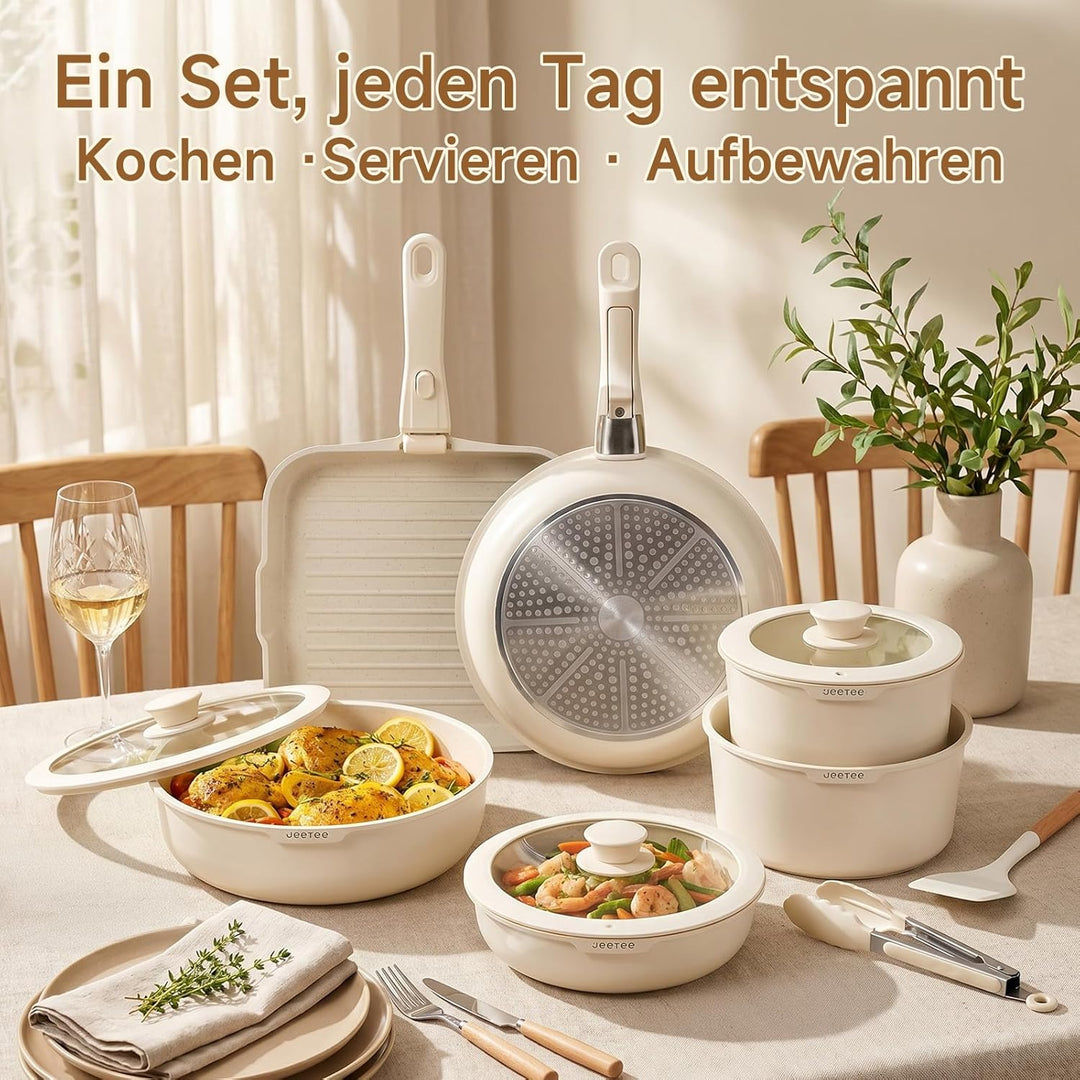 JEETEE Topfset Pfannenset mit abnehmbarem Griff 20-Teilig, Antihaft Topfset Induktion mit Lid, Stape
