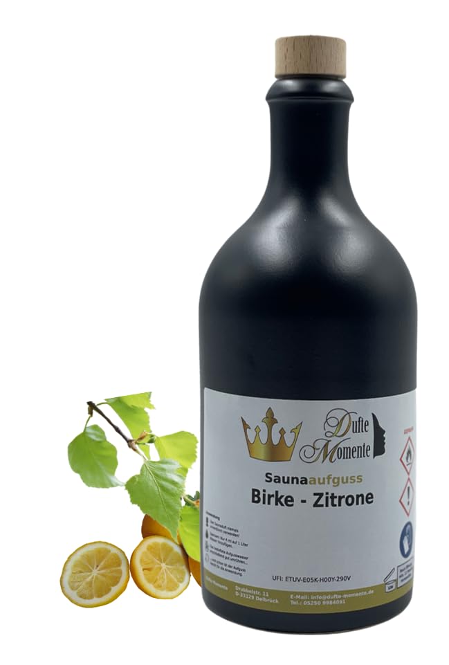Dufte Momente | Saunaduft Birke-Zitrone 500ml in schwarzer Steinzeugflasche mit Korkmündung | vegan,