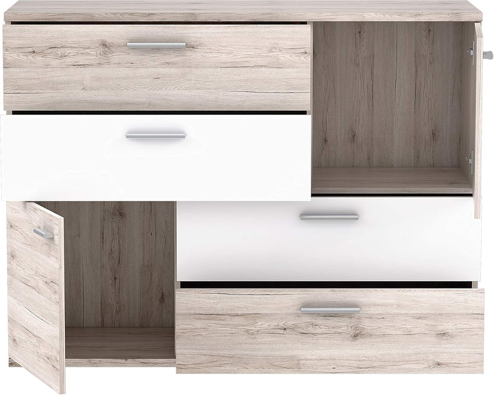 Forte Skive Kommode mit 2 Türen und 4 Schubkästen, Holzwerkstoff, Sandeiche/Weiss, 124.9 x 41.3 x 95