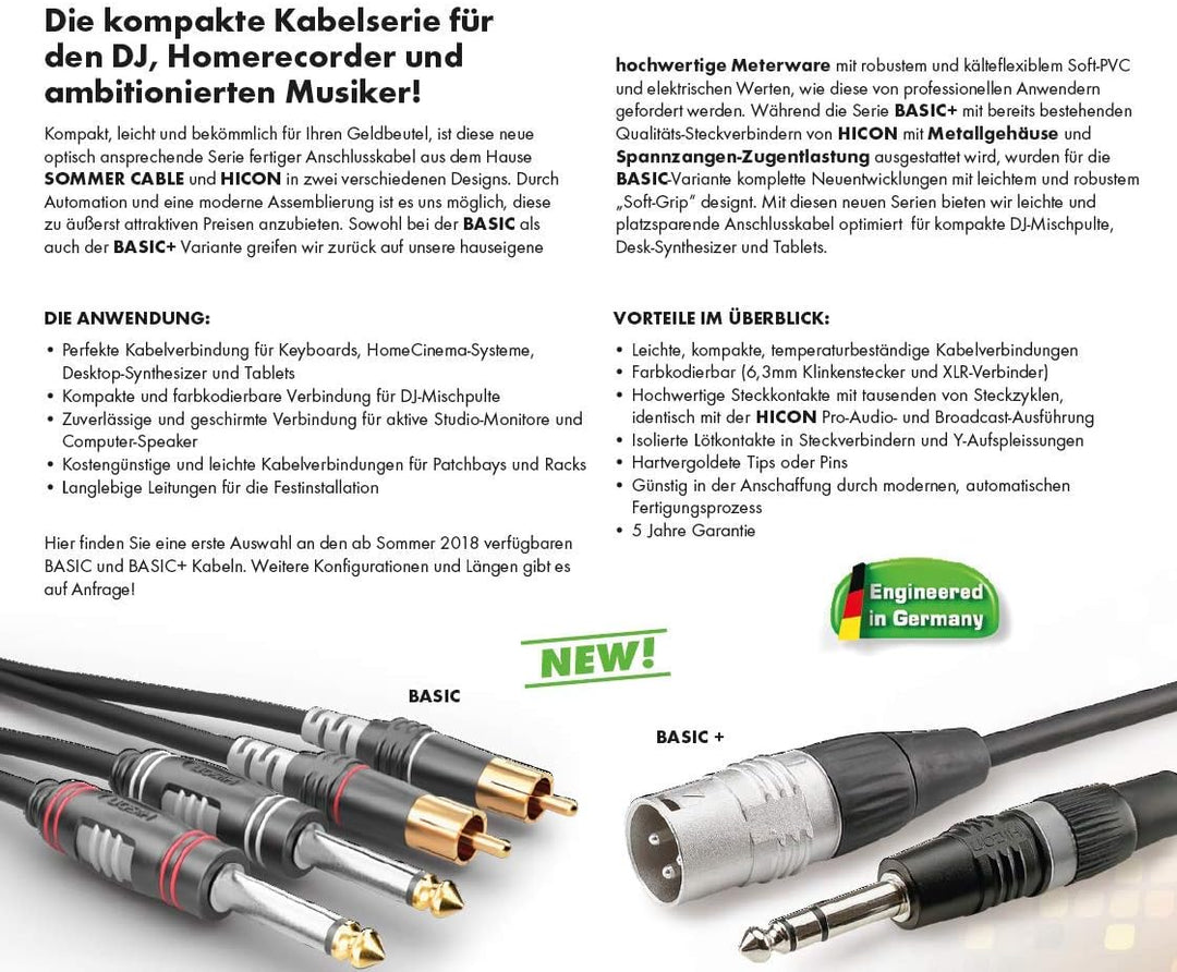 Sommer Cable Basic+ 30cm kurzes Cinchkabel Stereo Patchkabel HICON HI-CM03 RCA Stecker 0,3m - HBP-C2