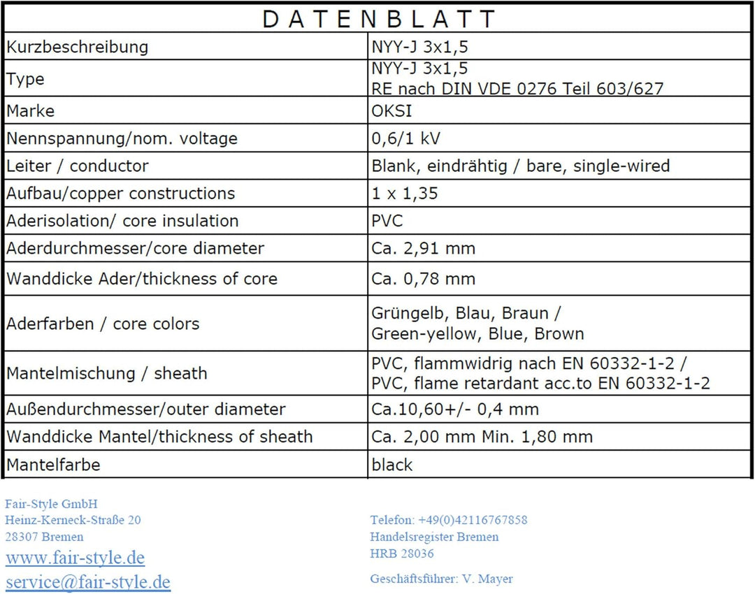 OKSI 10m NYY-J 3x1,5 mm² Erdkabel Elektrokabel Beton und Freien Kupfer Made in Germany, 10m NYY-J 3x