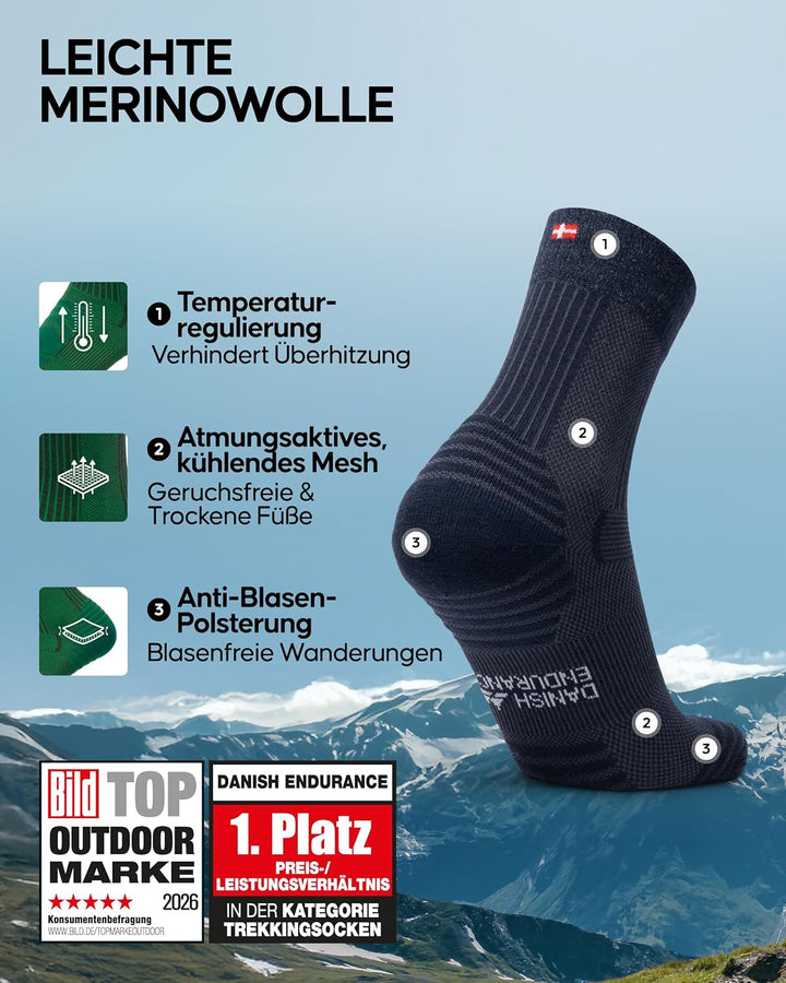 DANISH ENDURANCE Leichte Merino Wolle Wandersocken, Warme Wollsocken, Thermo Merino Socken, Gepolste
