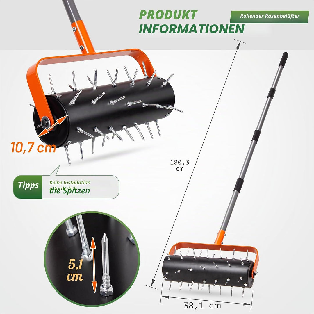 Walensee Rasenlüfter Walze, Robuster Rollender Rasenbelüfter mit 42 Stahlspikes & Verstellbarem Grif