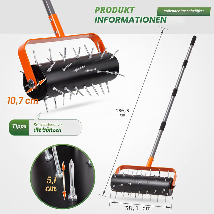 Walensee Rasenlüfter Walze, Robuster Rollender Rasenbelüfter mit 42 Stahlspikes & Verstellbarem Grif