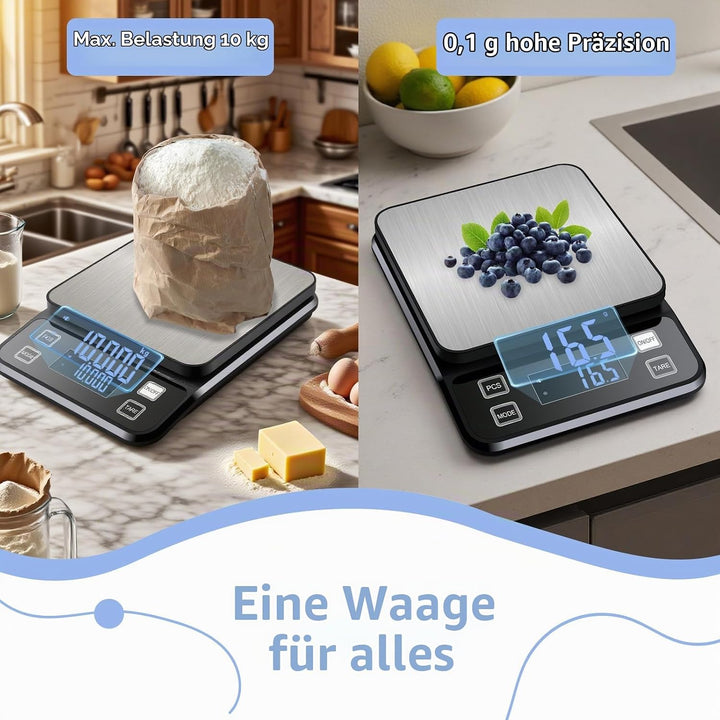 Wasserdichte Küchenwaage IPX67, 10kg Digitale Küchenwaage Hohe Präzision 0,1g Genau, mit 10 Einheite