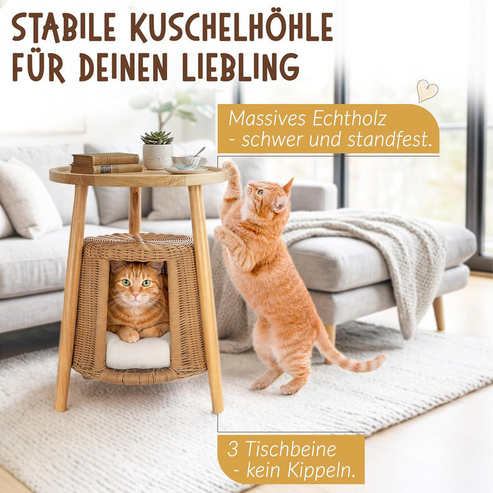 Petigi Katzentisch Beistelltisch Rattan Katzenhöhle Katzenbett Couchtisch | aus Holz und Rattan, Nat