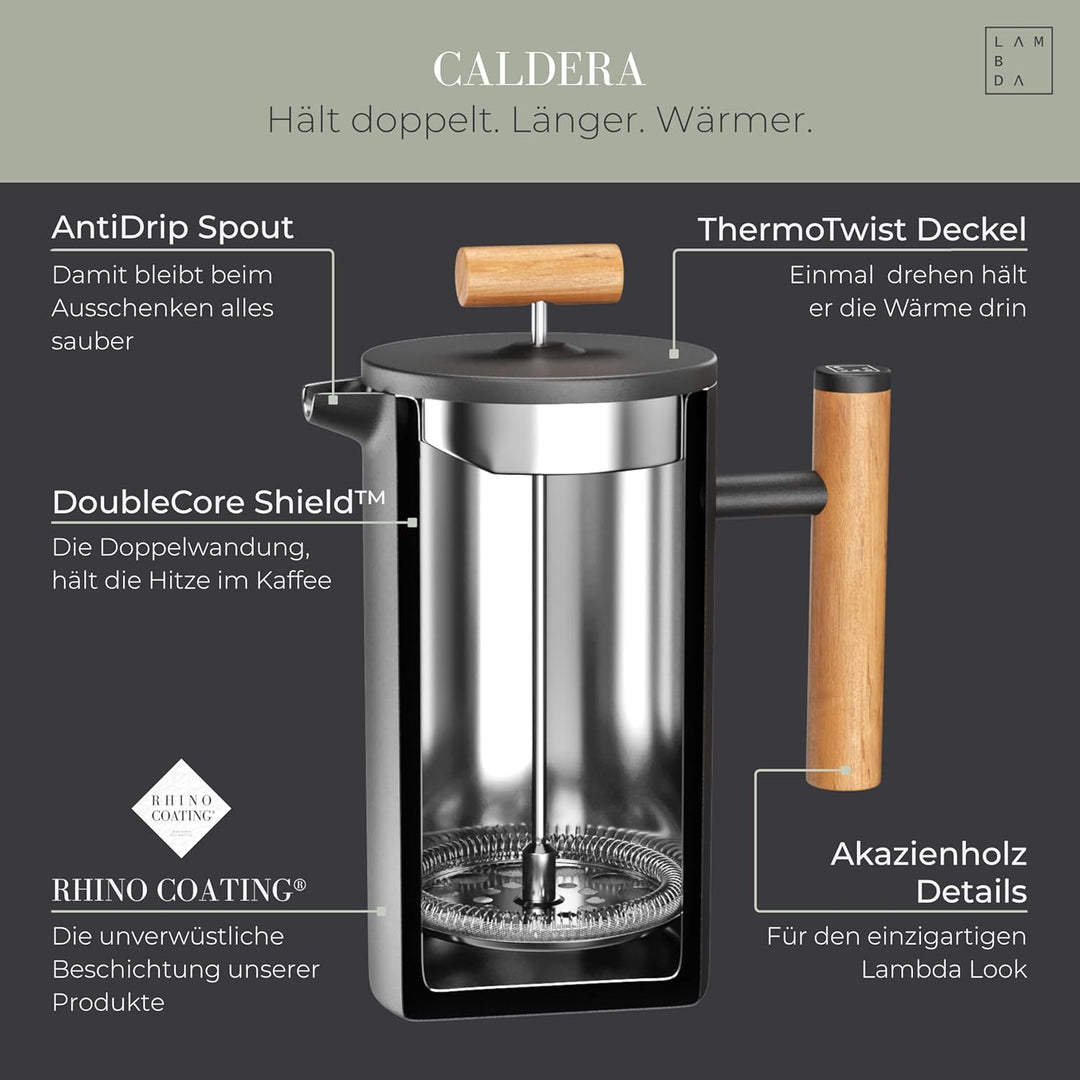 LAMBDA COFFEE® CALDERA Thermo French Press klein Edelstahl | 0,35 Liter - 1-2 Tassen I Kaffeebereite