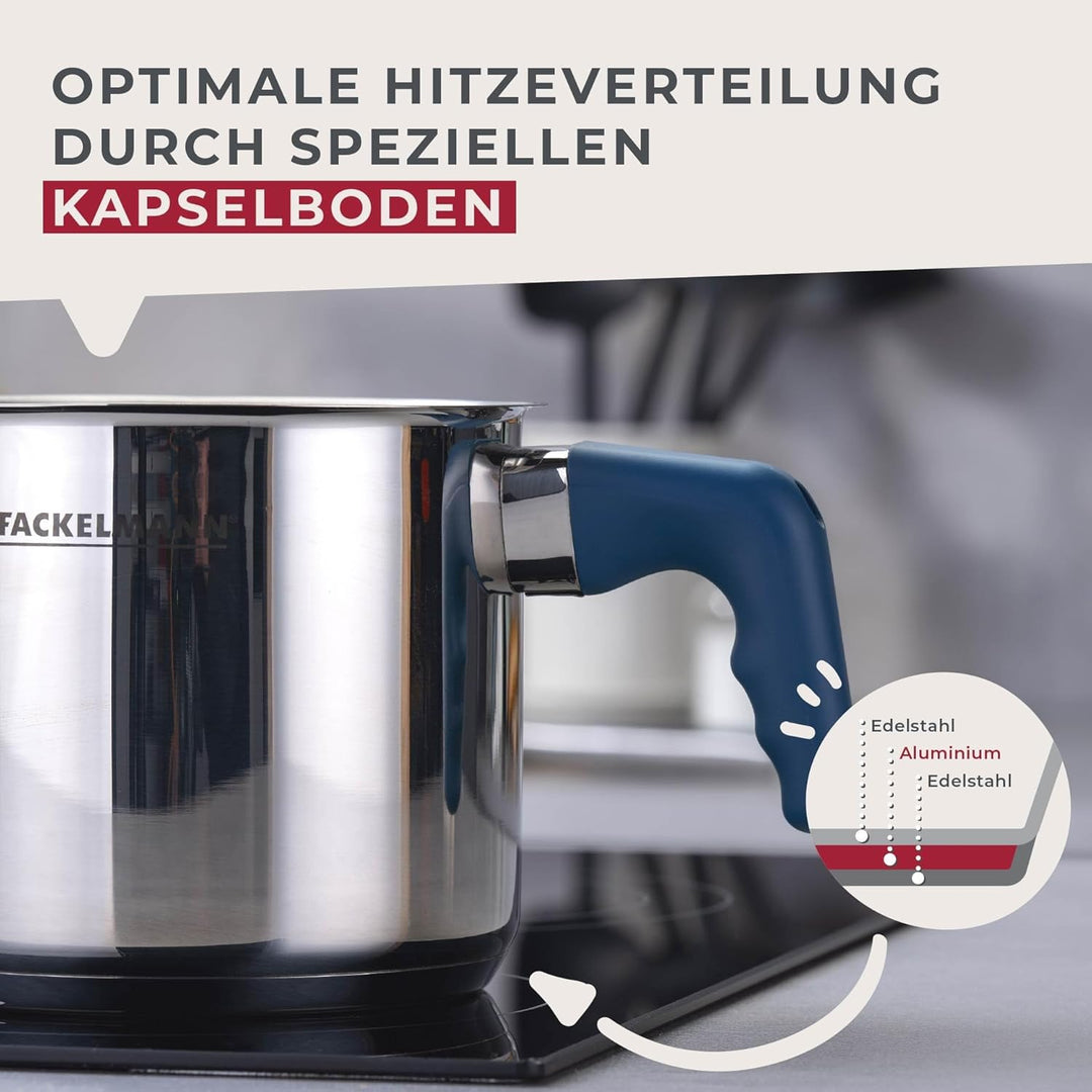 Fackelmann Milchtopf Essential Ø 14 cm aus Edelstahl mit ergonomischem Bakelit-Griff und praktischer