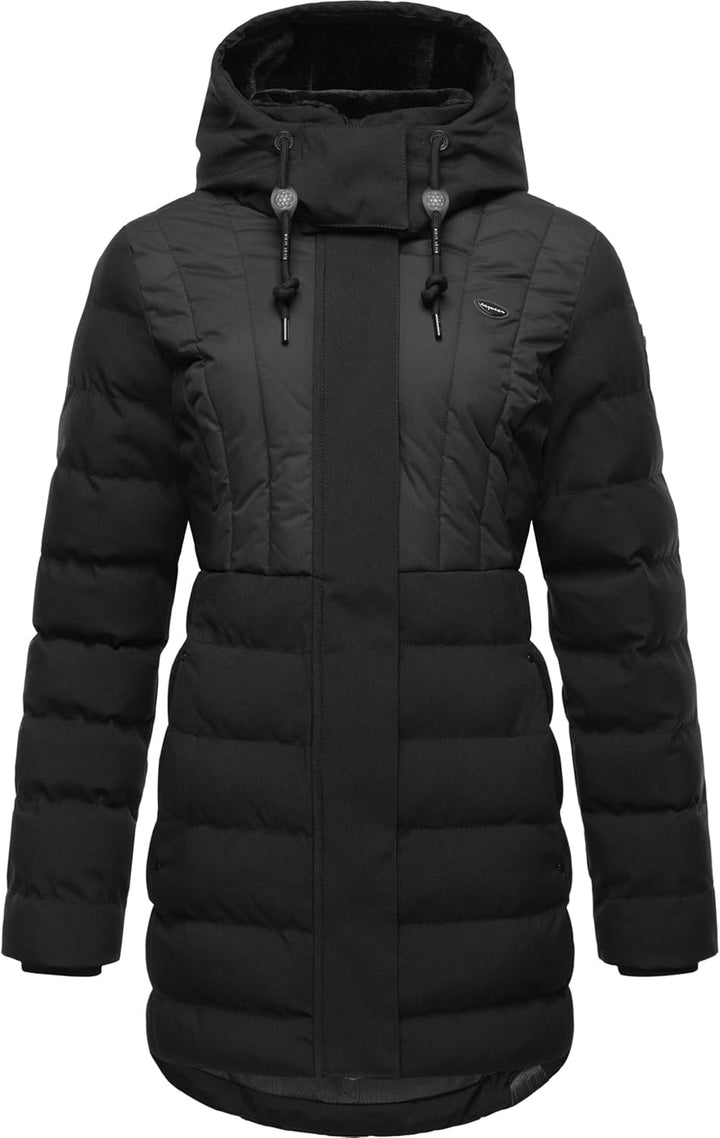 Ragwear Damen Wintermantel Warmer wasserdichter Steppmantel lang mit Kapuze Ashanta Block XS-6XL L B