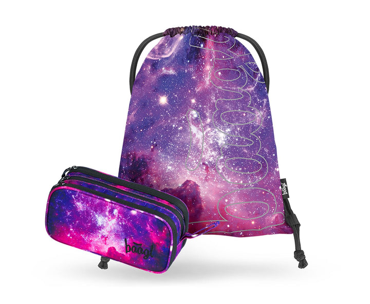 Baagl Federmäppchen und Turnbeutel Set 2-teilig für Mädchen - Galaxy | Federtasche Etui mit 3 Fächer