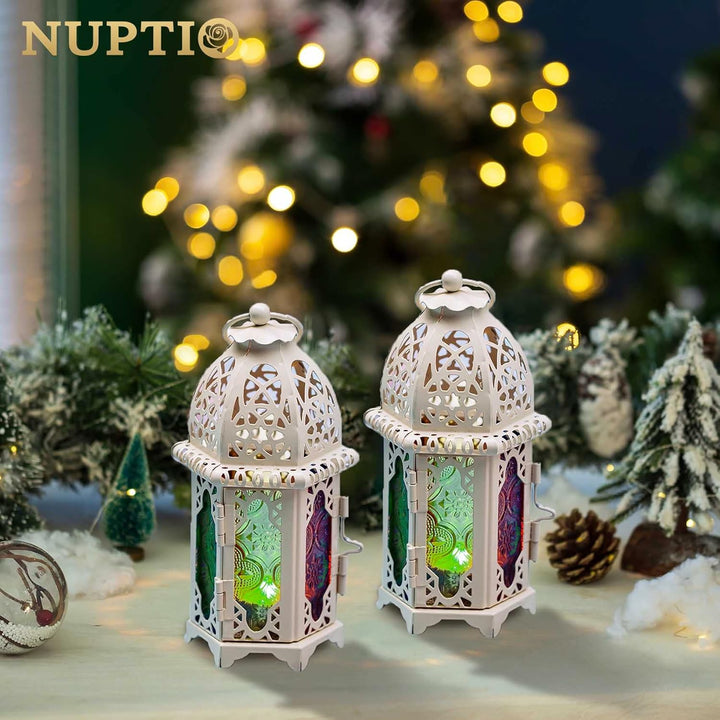 Nuptio 2 Stück Marokkanischen Stil Kerze Laterne, Kleine Teelichthalter mit Bunten Glasscheiben Idea